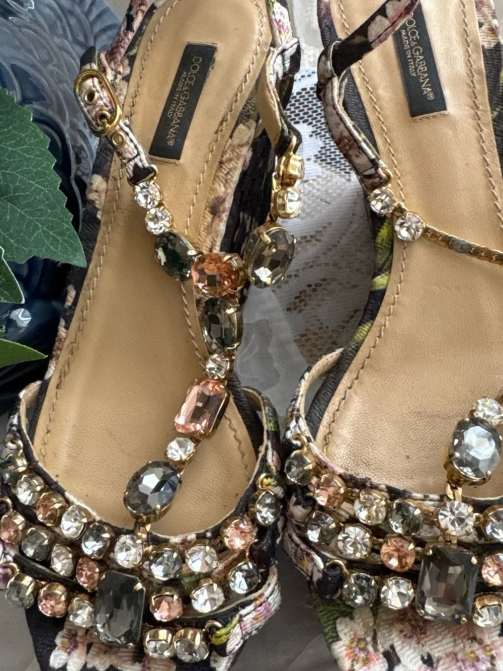 Dolce & Gabbana Black Floral Jeweled T-Strap Platform Sandal